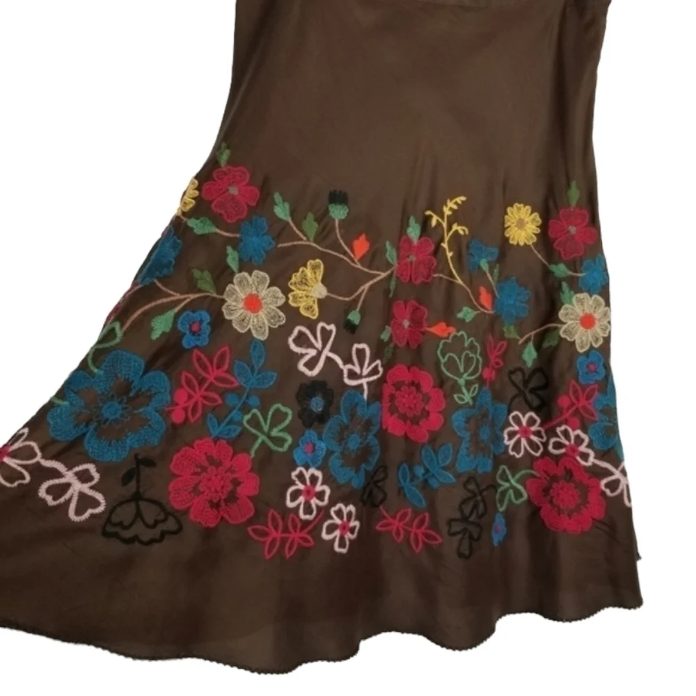 Johnny Was Silk Midi Skirt Floral Embroidery Size 8 Brown Multi Color A line
